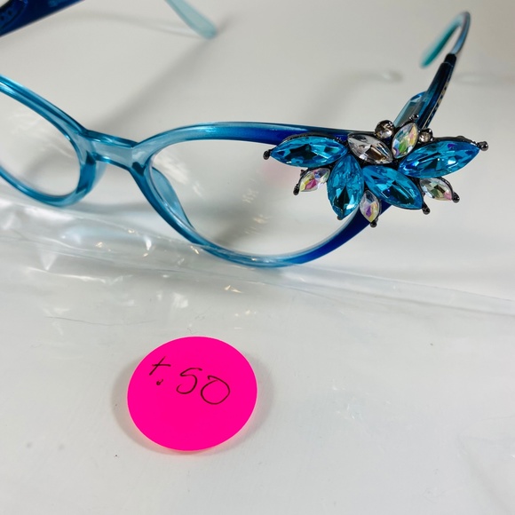 OOAK Vintage Vixen blue ombre frames with Turquoise rhinestones +.50 & +2.25 - Picture 6 of 9
